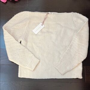 Loveshackfancy Cream Sweater with Waffle Knit Sleeves size XL new with tags